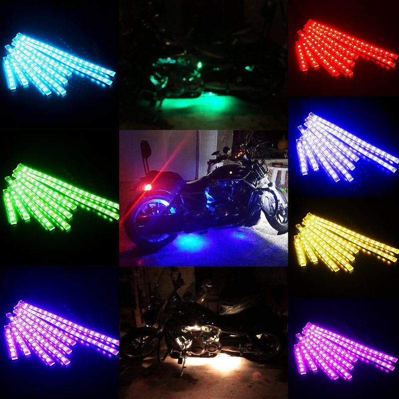 8 Db Motorkerékpár Led-es Lámpakészletek Szalagok Egyenáramú 12 Voltos Vízálló Rgb Többszínű Neon Földhatású Légköri Lámpák Távirányítóval És Ragasztókapcsokkal