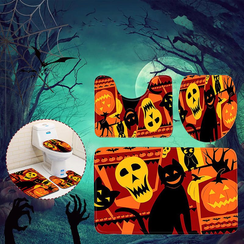 3 Db Halloween Print Szőnyeg Fürdőszoba Csúszásmentes Talapzat Fedő Wc-huzat Fürdőszőnyeg Készlet