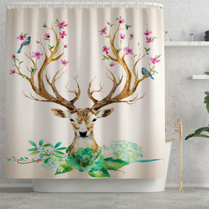 Elk Flower Printing Zuhanyfüggöny Padlószőnyeg Négyrészes Kombinált Fürdőszobaszőnyeg Szett