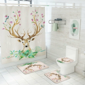 Elk Flower Printing Zuhanyfüggöny Padlószőnyeg Négyrészes Kombinált Fürdőszobaszőnyeg Szett