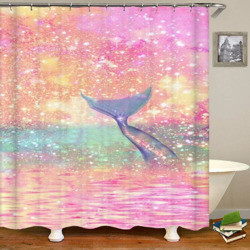 Mermaid Tail Print Fürdőszoba Zuhanyfüggöny Wc Fedő Fürdőszőnyeg Készlet