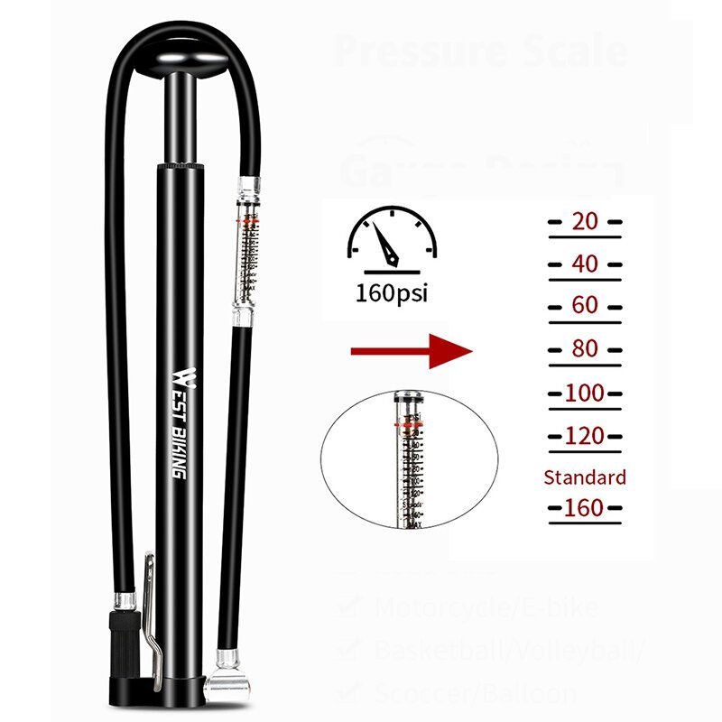 West Biking Nagynyomású Lábaktivált Padlószivattyú 160psi Kerékpár Szivattyú Gumiabroncs Légfújó Schrader Presta Szeleppel