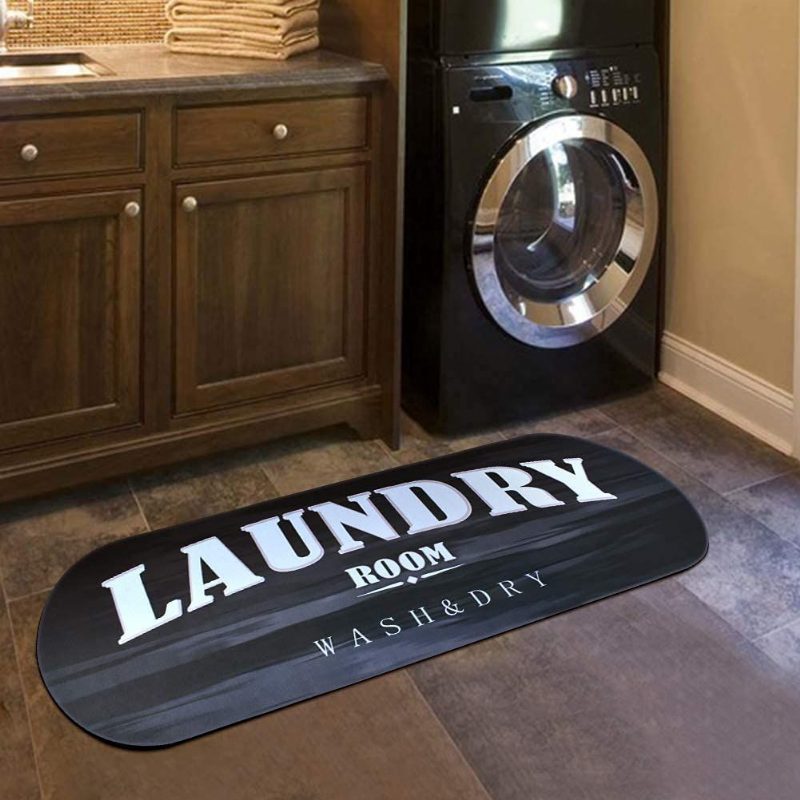 Fekete Ovális Mosókonyha Szőnyeg Fehér Padlószőnyeg Csúszásmentes Párnázott Gumi Hátlap Modern Wash & Dry Sign Decor Szőnyegek 19.6''x51.2''