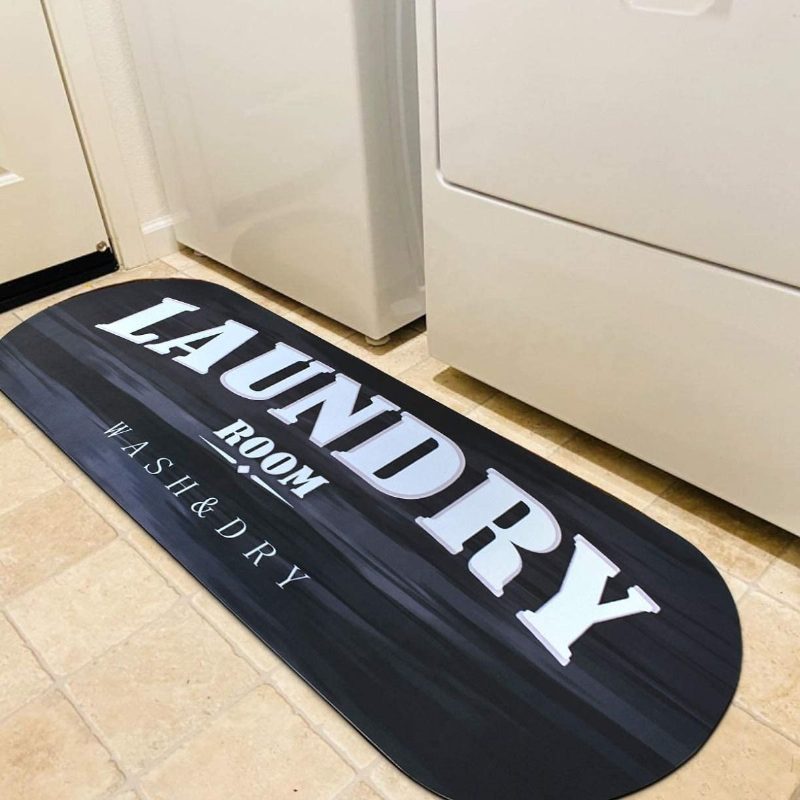 Fekete Ovális Mosókonyha Szőnyeg Fehér Padlószőnyeg Csúszásmentes Párnázott Gumi Hátlap Modern Wash & Dry Sign Decor Szőnyegek 19.6''x51.2''