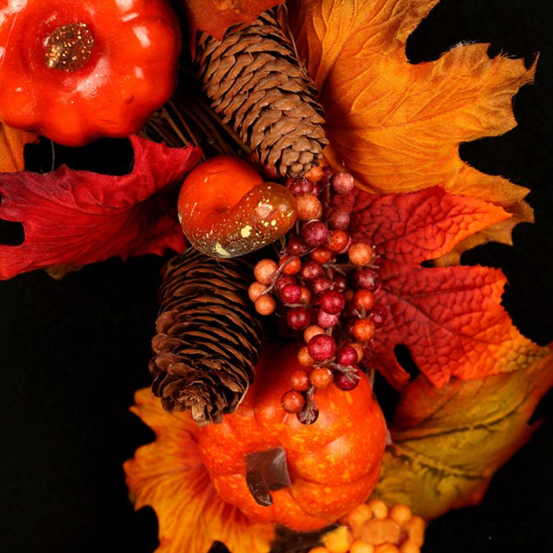 Halloween Mesterséges Tökkoszorú Őszi Szüret Juharlevél Led-es Fényfüzér Ajtófüzér Dekoráció