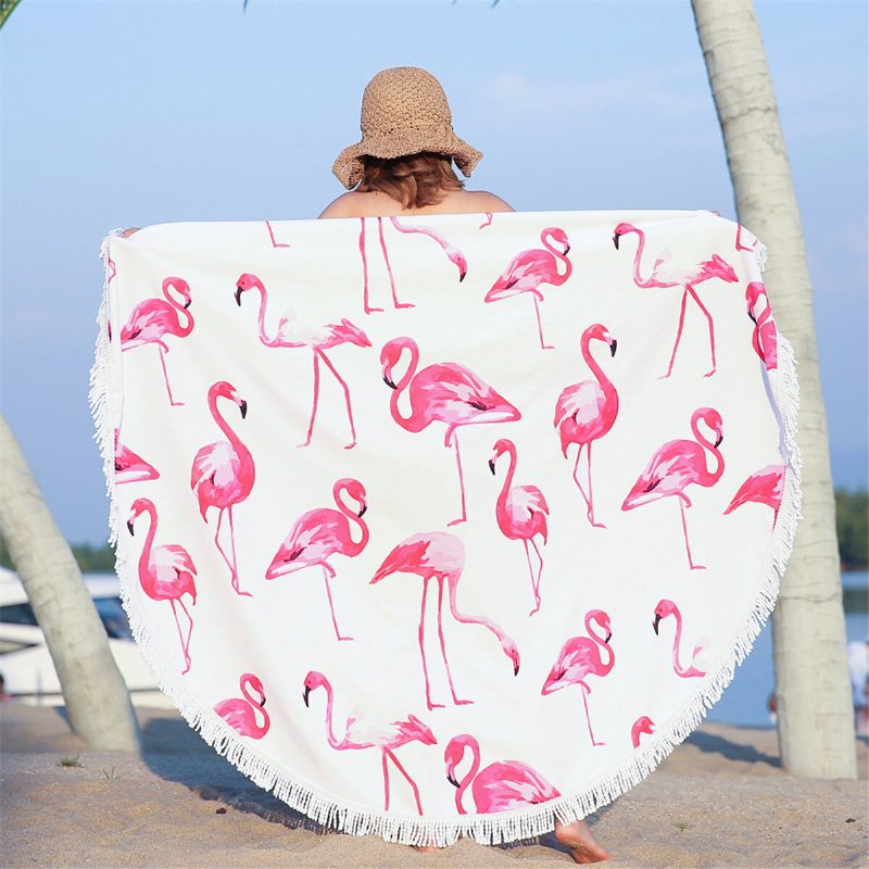 Fashion Flamingo 450g Kerek Strandtörölköző Bojtokkal Mikroszálas 150cm Piknik Takaró Strandtakaró