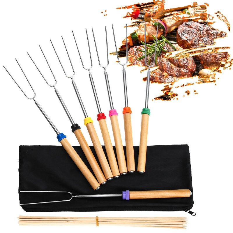 8 Db Teleszkópos Sütőpálcák 12"-32" Smore Sticks Nyárskészlet Fából Készült Fogantyúval Bbq Hot Dog Fork Fire Pit Camping Edényekhez