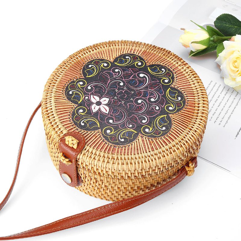 Női Szalmatáska Kézzel Szőtt Kerek Rattan Strand Kézitáska Crossbody Táska Tote Outdoor Travel