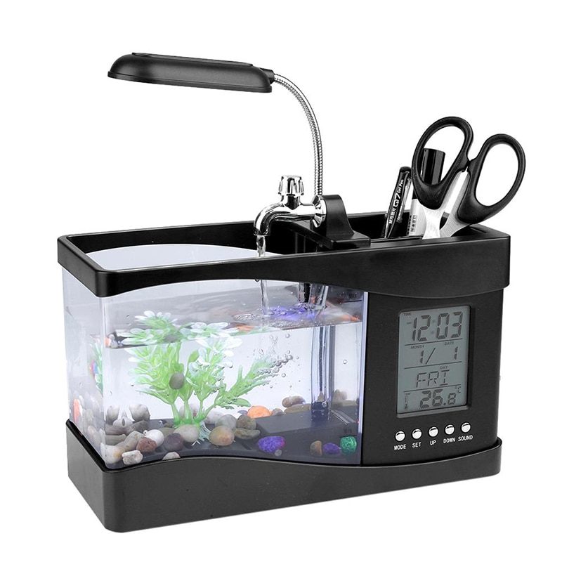 Fish Mini Aquarium Tank Led Light Lcd Kijelzős Óra