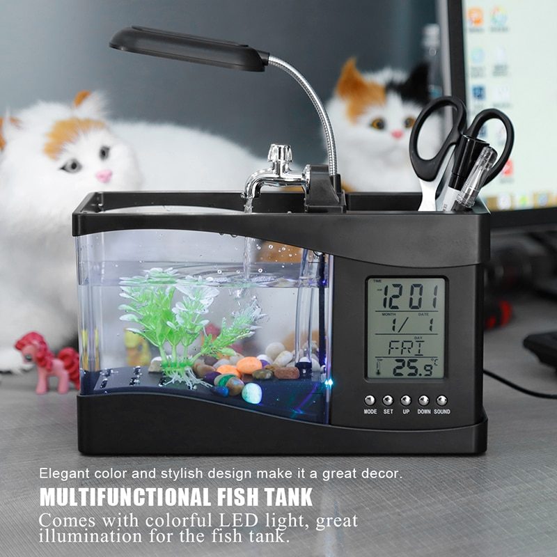 Fish Mini Aquarium Tank Led Light Lcd Kijelzős Óra