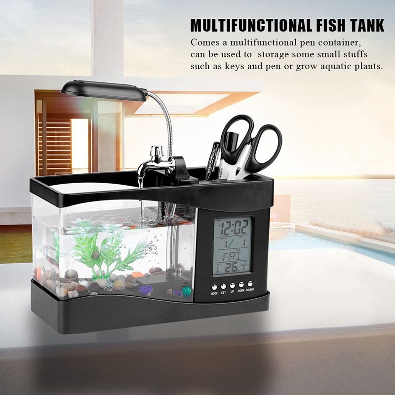 Fish Mini Aquarium Tank Led Light Lcd Kijelzős Óra