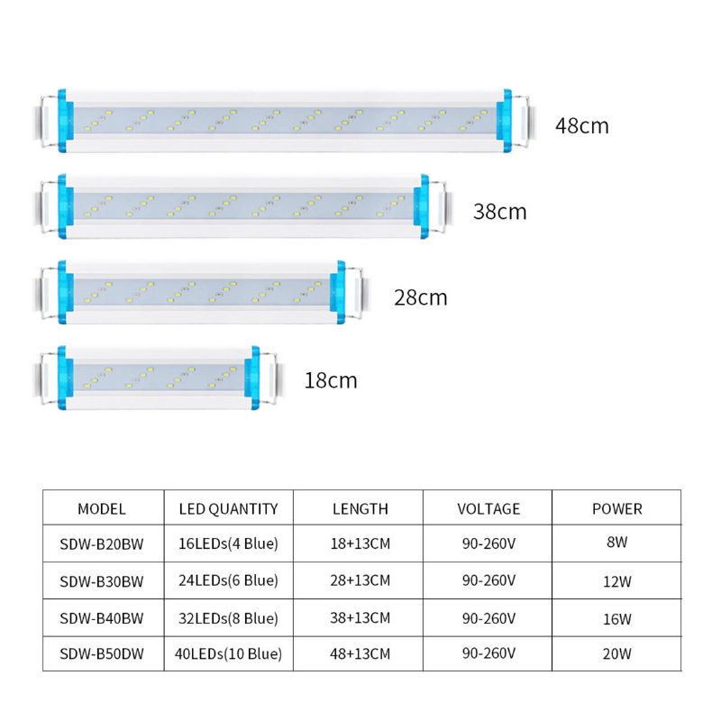 18-48 cm-es Akvárium Lámpa Led Világítás Kihúzható Konzolokkal Fehér És Kék Led Akváriumhoz