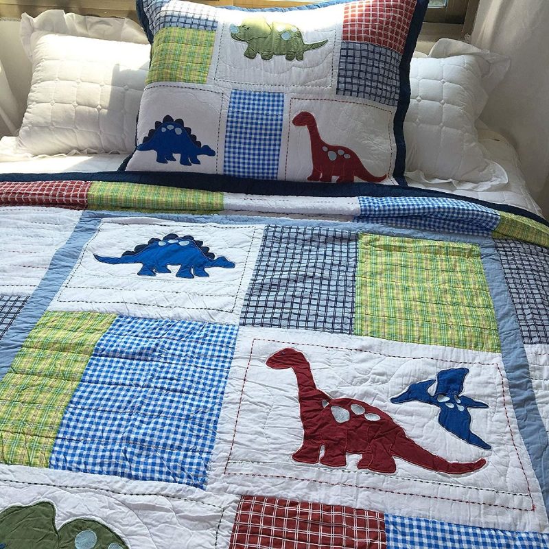 100% Pamut Dinoszaurusz Patchwork Paplan Szett Fiúknak Gyerekeknek Ágytakarók 2 Külön Ággyal