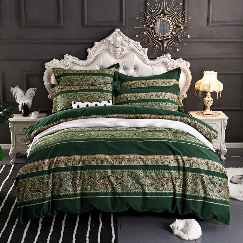 3 Db-os Boho Ágyneműkészlet Vintage Green Damask Bohemian Paplanhuzat Készletek 100% Szálcsiszolt Pamut