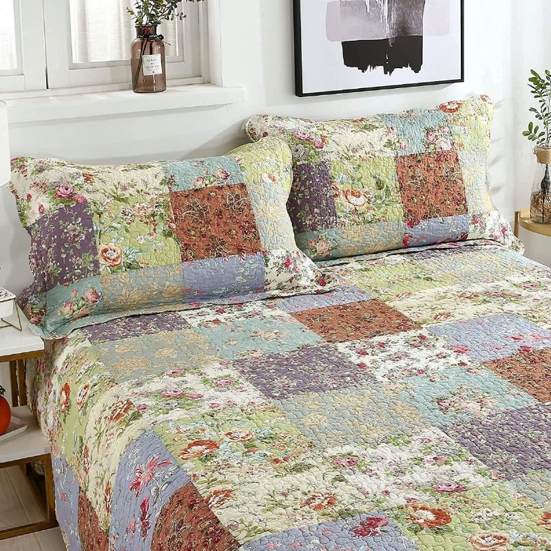 3 Db Queen Méretű Takarókészlet Vintage Parasztház Virágos Ágynemű Ágytakaró Szett Luxus Shabby Chic Patchwork Könnyű Paplan