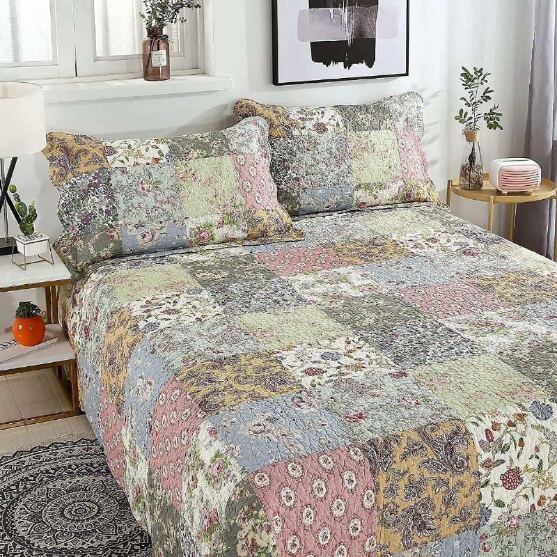 3 Db Queen Méretű Takarókészlet Vintage Parasztház Virágos Ágynemű Ágytakaró Szett Luxus Shabby Chic Patchwork Könnyű Paplan