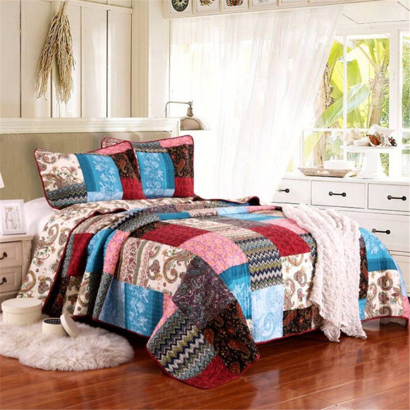 3db Luxus Quilt Bohemian Cotton Patchwork Steppelt Huzatos Ágytakaró Szett Fényes Vibrant Virágos Paisley Ágyneműgarnitúra Queen