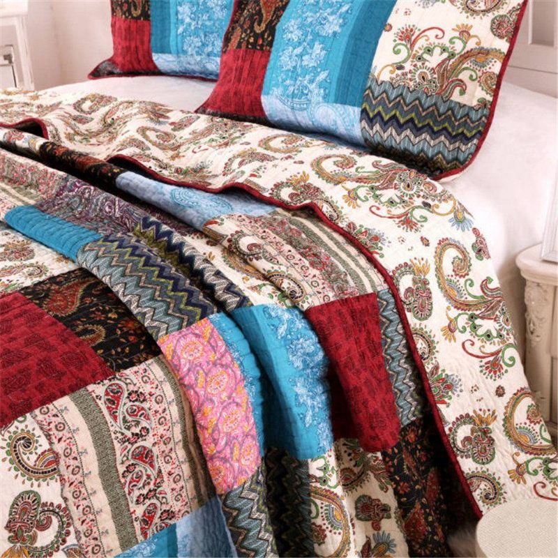 3db Luxus Quilt Bohemian Cotton Patchwork Steppelt Huzatos Ágytakaró Szett Fényes Vibrant Virágos Paisley Ágyneműgarnitúra Queen