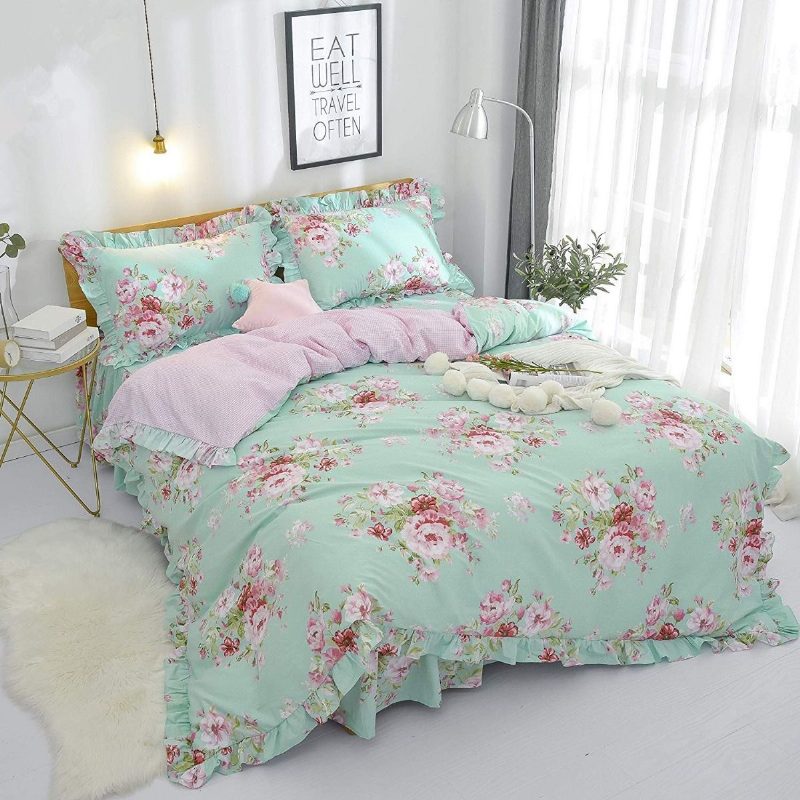 4 Db Farmhouse Shabby Pink Virágos Elegáns Ágyneműgarnitúra 100% Pamut Rózsa Fodros Ágyszoknya Szett