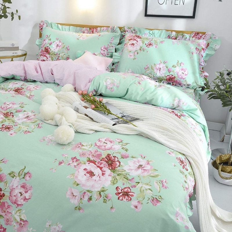 4 Db Farmhouse Shabby Pink Virágos Elegáns Ágyneműgarnitúra 100% Pamut Rózsa Fodros Ágyszoknya Szett