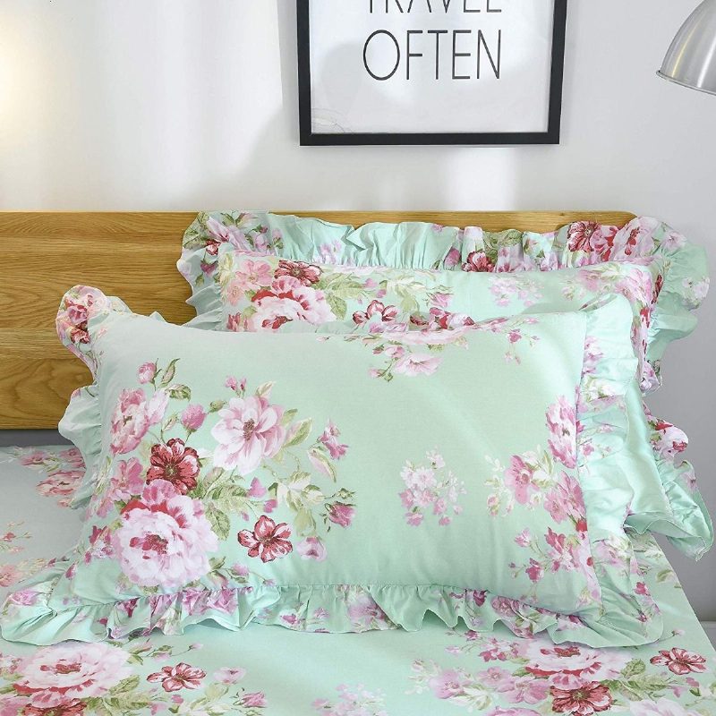 4 Db Farmhouse Shabby Pink Virágos Elegáns Ágyneműgarnitúra 100% Pamut Rózsa Fodros Ágyszoknya Szett