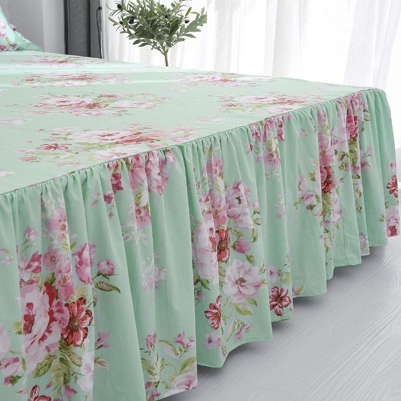 4 Db Farmhouse Shabby Pink Virágos Elegáns Ágyneműgarnitúra 100% Pamut Rózsa Fodros Ágyszoknya Szett