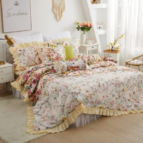 4 Db-os Shabby Virágos Ágynemű Szett 100% Pamut 600 Tc Princess Csipke Fodros Bazsarózsa Rózsa Paplanhuzat Puha Fehér Csipkepor 18'' Osztott Sarok Ágyszoknyával És 2 Párnahuzattal