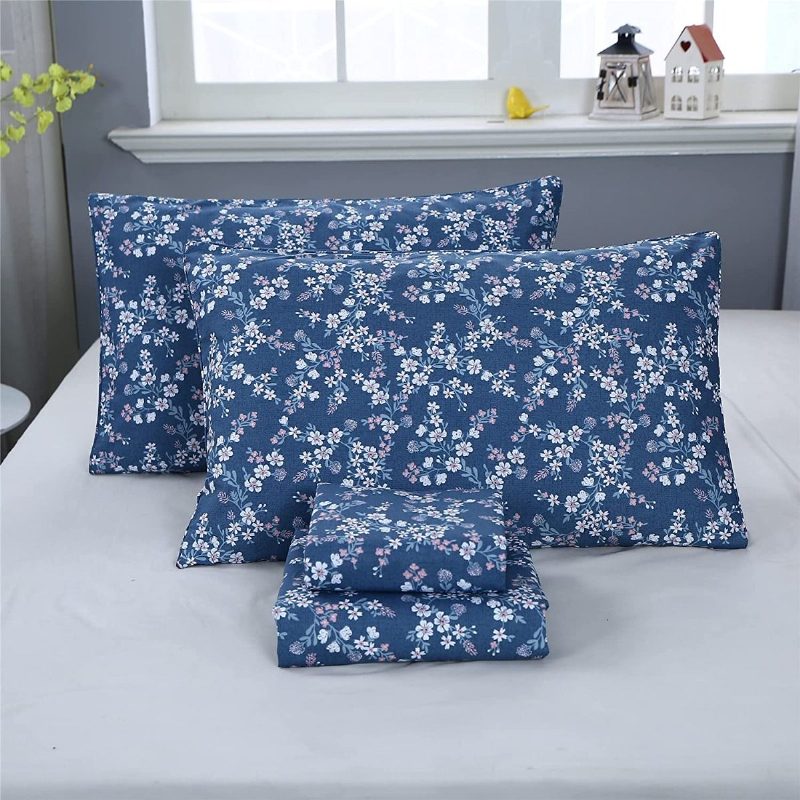 4 Db Vintage Shabby Blue Virágos Ágyneműgarnitúra 100% Pamut Elegáns Apró Virágok Parasztházi Lepedőkészlet Mély Zsebbe Illeszkedő Lepedővel