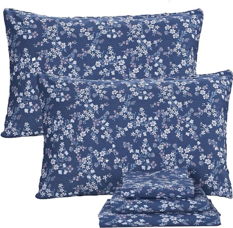 4 Db Vintage Shabby Blue Virágos Ágyneműgarnitúra 100% Pamut Elegáns Apró Virágok Parasztházi Lepedőkészlet Mély Zsebbe Illeszkedő Lepedővel