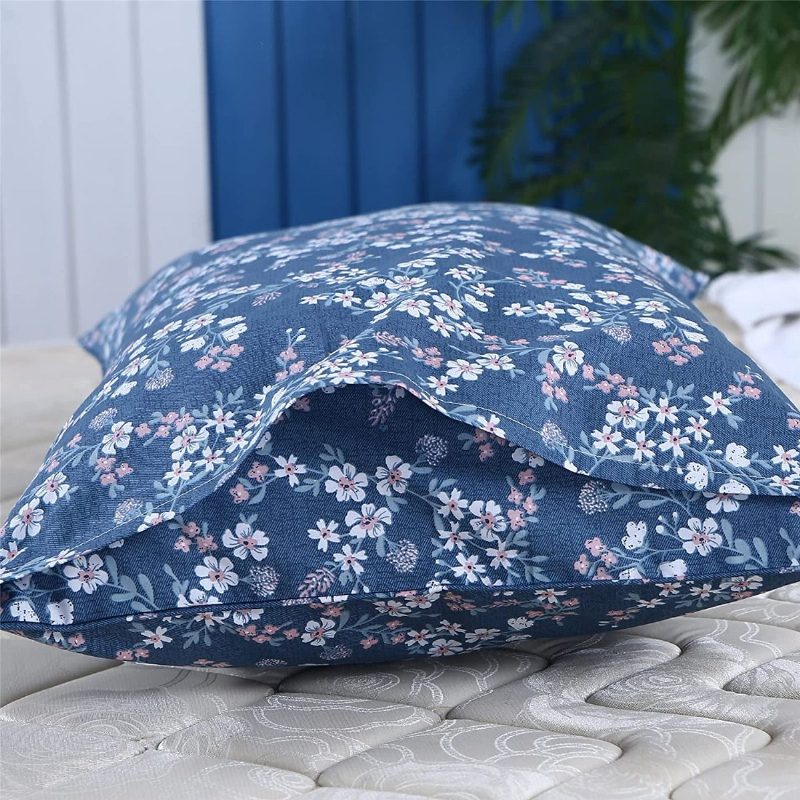 4 Db Vintage Shabby Blue Virágos Ágyneműgarnitúra 100% Pamut Elegáns Apró Virágok Parasztházi Lepedőkészlet Mély Zsebbe Illeszkedő Lepedővel