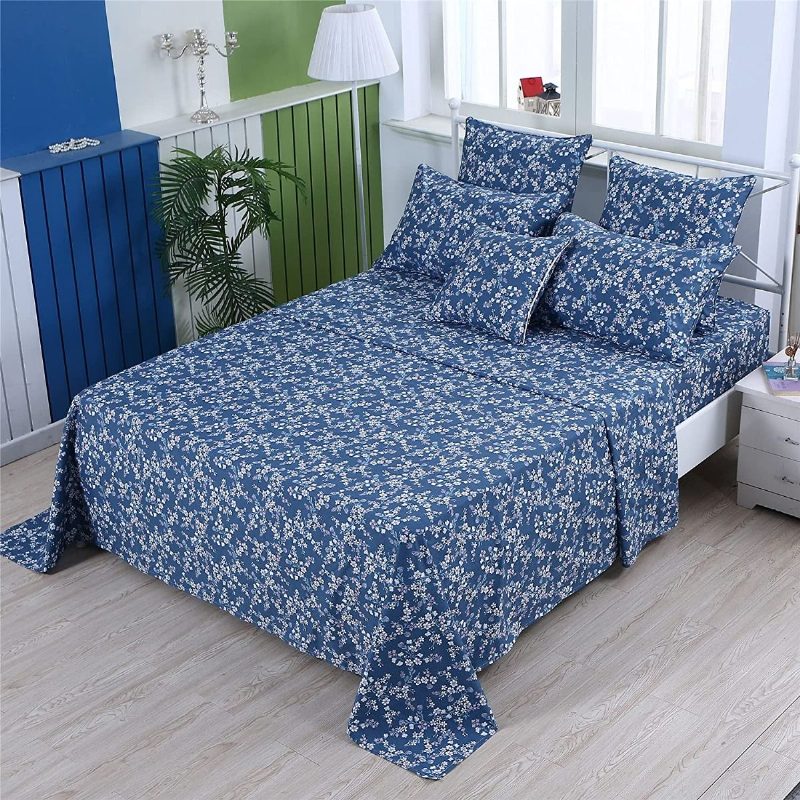 4 Db Vintage Shabby Blue Virágos Ágyneműgarnitúra 100% Pamut Elegáns Apró Virágok Parasztházi Lepedőkészlet Mély Zsebbe Illeszkedő Lepedővel