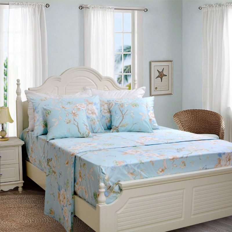 4db Farmhouse Virágos Ágyneműkészlet Shabby Blue Bird Print Lepedő Szett 800 Szálszám 100% Egyiptomi Pamut Mély Zseb