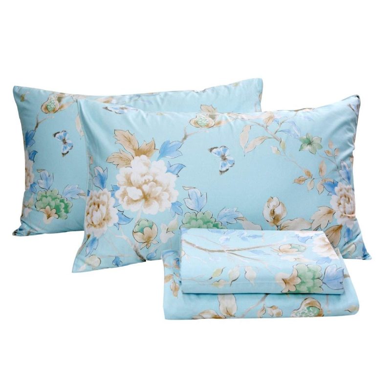 4db Farmhouse Virágos Ágyneműkészlet Shabby Blue Bird Print Lepedő Szett 800 Szálszám 100% Egyiptomi Pamut Mély Zseb