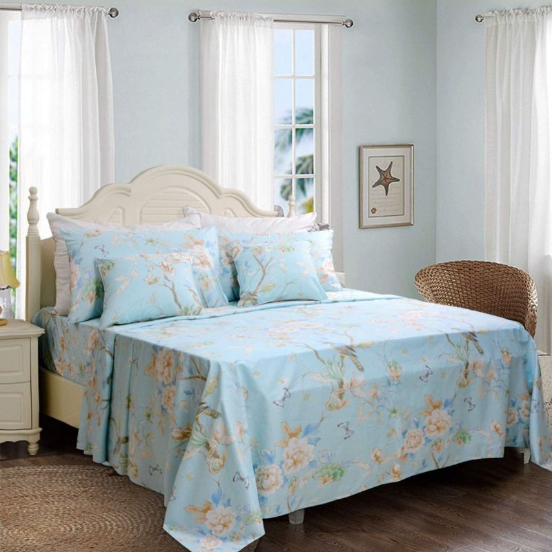 4db Farmhouse Virágos Ágyneműkészlet Shabby Blue Bird Print Lepedő Szett 800 Szálszám 100% Egyiptomi Pamut Mély Zseb