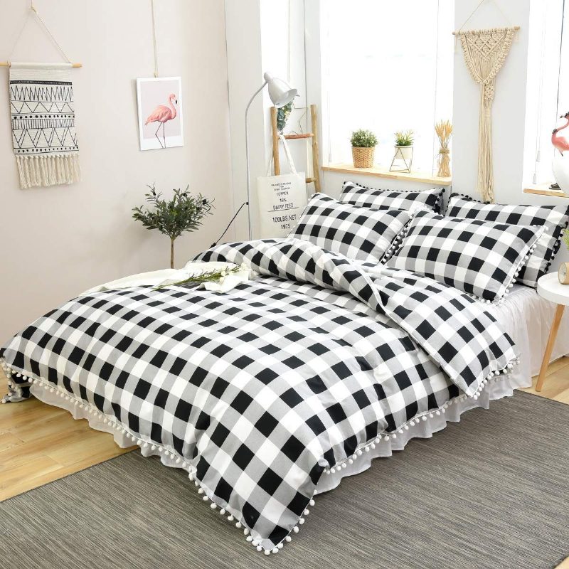 Buffalo Plaid Modern Ágyneműhuzat 3 Db-os Pom Pom Fringe Paplanhuzat Szett