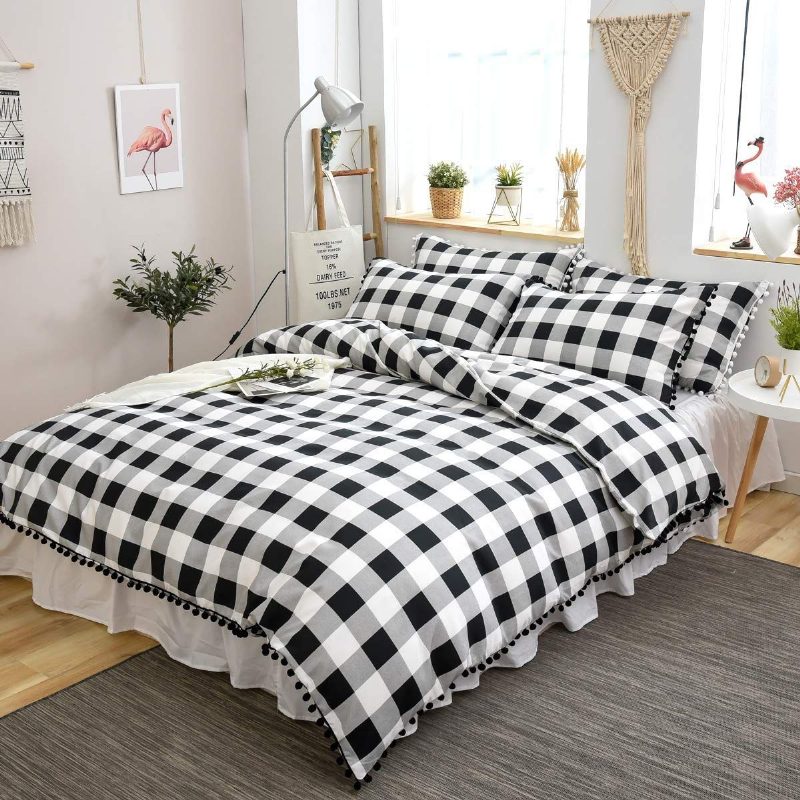 Buffalo Plaid Modern Ágyneműhuzat 3 Db-os Pom Pom Fringe Paplanhuzat Szett