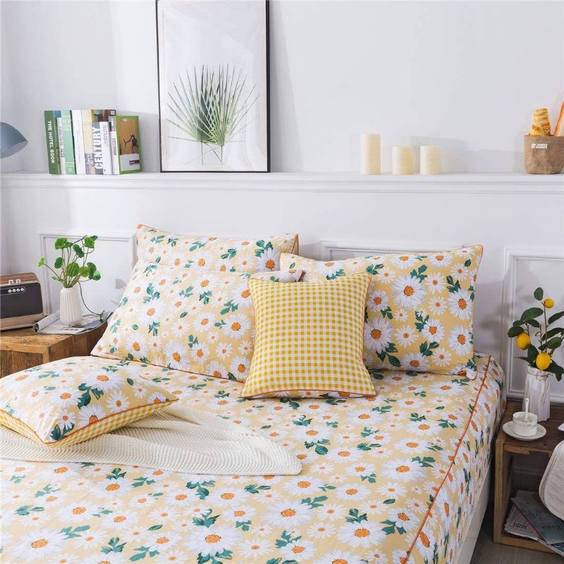 Daisy Flowers Nyomtatott Ágynemű Szett 100% Pamut Szuper Puha 4db Lányok Nyári Virágos Vintage Parasztház Mély Zsebbe Illeszkedő Lepedőkészlet