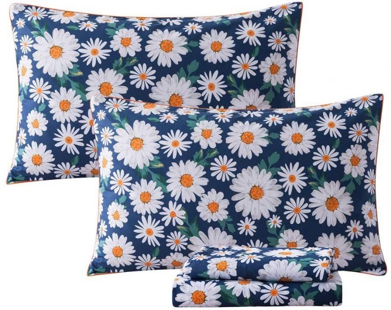 Daisy Flowers Nyomtatott Ágynemű Szett 100% Pamut Szuper Puha 4db Lányok Nyári Virágos Vintage Parasztház Mély Zsebbe Illeszkedő Lepedőkészlet