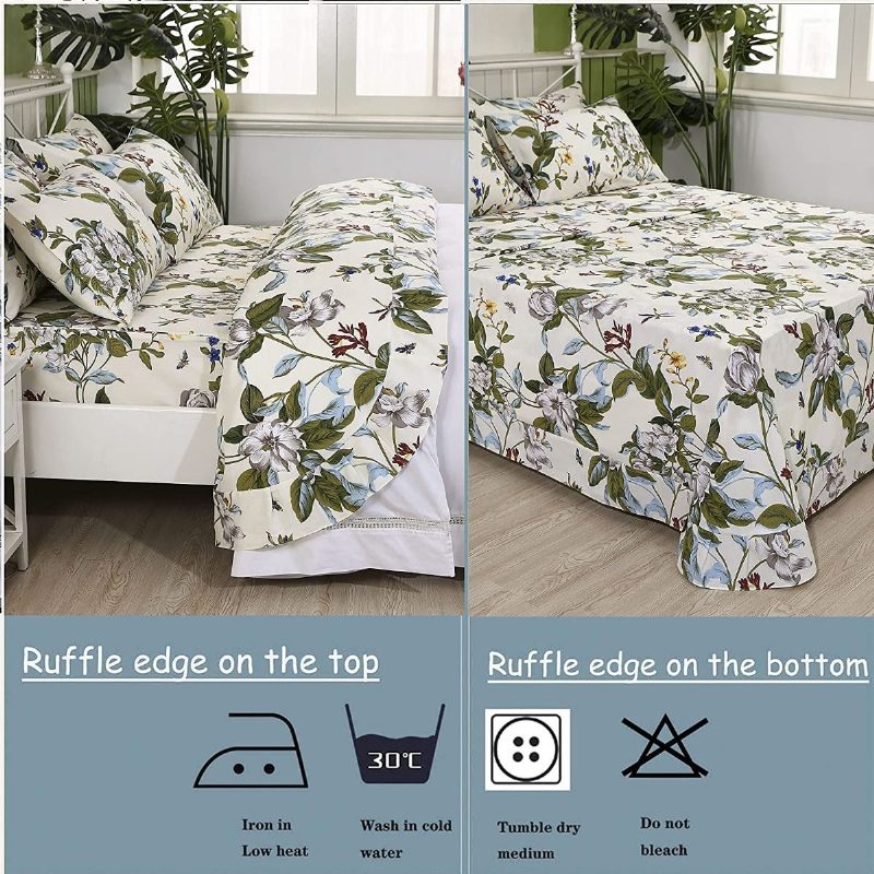 Farmhouse Shabby Virágos Ágyneműhuzat 100% Pamut 600 Tc Vintage Flower Botanical Print Fehér Virág És Zöld Levelek Mély Zsebes