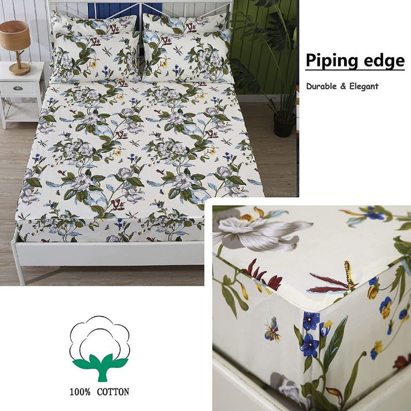 Farmhouse Shabby Virágos Ágyneműhuzat 100% Pamut 600 Tc Vintage Flower Botanical Print Fehér Virág És Zöld Levelek Mély Zsebes