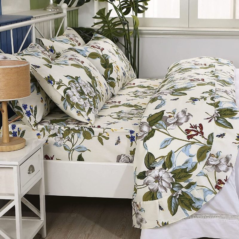 Farmhouse Shabby Virágos Ágyneműhuzat 100% Pamut 600 Tc Vintage Flower Botanical Print Fehér Virág És Zöld Levelek Mély Zsebes