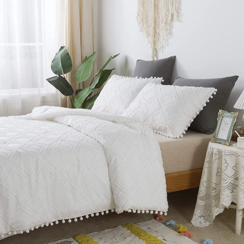 Lány Queen Méretű Paplan Szett Bojtos Rombusz Pomponok Rojtos Design Bohemian Comfort Fehér Ágynemű Párnahuzatokkal