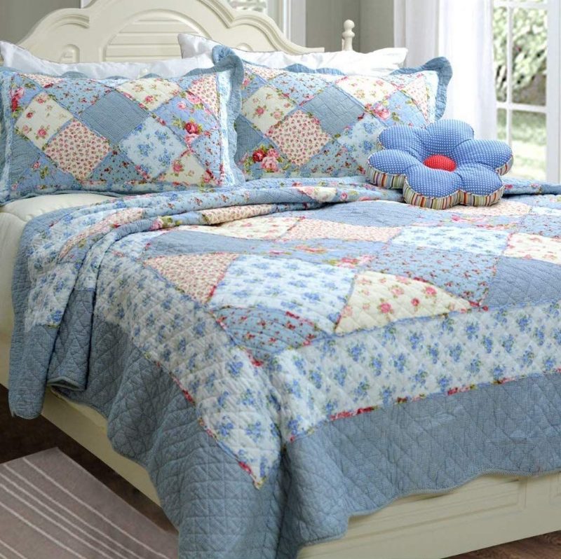 Queen Size Shabby Blue Virágos Patchwork Takaró Szett Pamut Paplankészlet