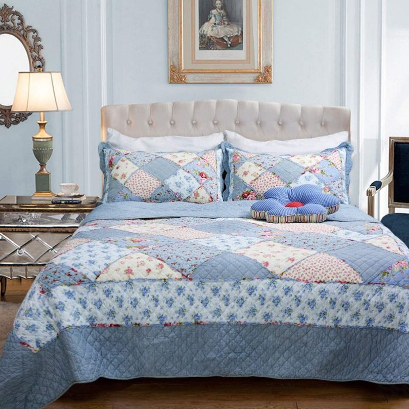 Queen Size Shabby Blue Virágos Patchwork Takaró Szett Pamut Paplankészlet