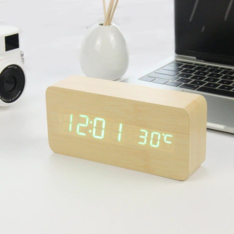 Ébresztőóra Led Fa Óraasztal Hangvezérlés Digitális Wood Despertador Electronic