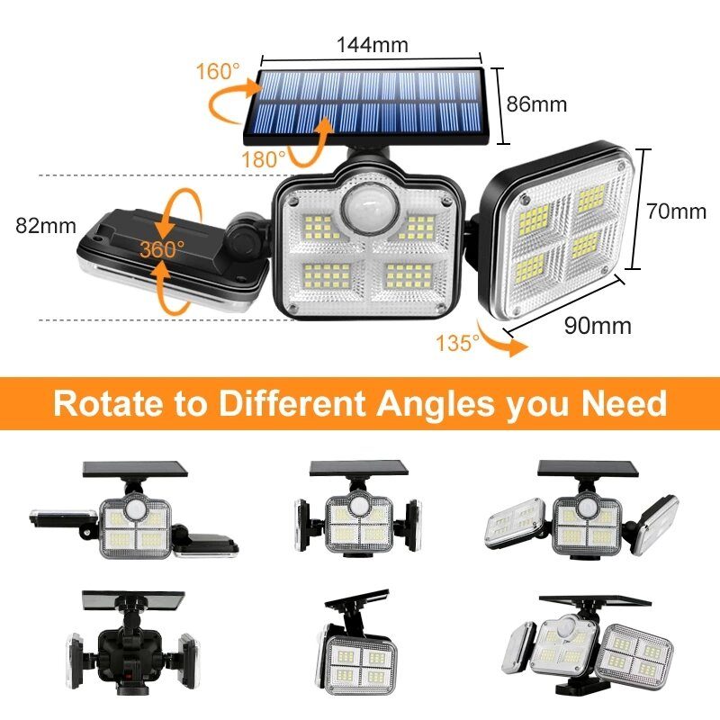 108/122/138/171 Led-es Napelemes Lámpák 3 Fejes Mozgásérzékelős 270°-os Széles Látószögű Megvilágítás Kültéri Vízálló Távirányítós Fali Lámpa