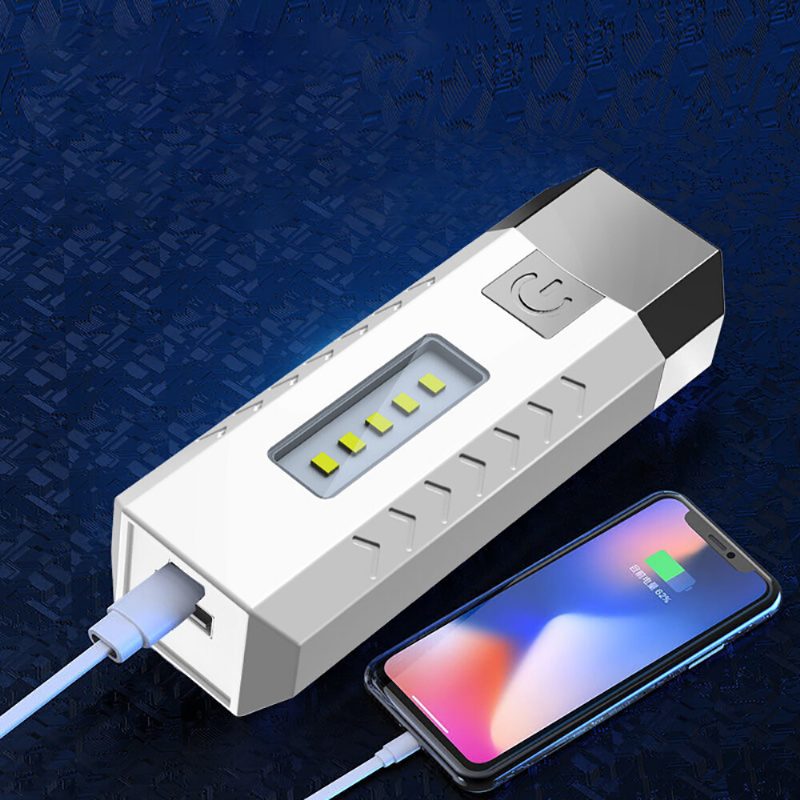 2*led+5*cob Három Fényforrású Zseblámpa 18650 Usb Újratölthető Hordozható Vízálló Led Power Bank Funkcióval