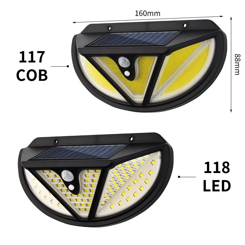 Arilux 118smd/ 117cob Led Szoláris Fény Emberi Test Indukciós Mozgásérzékelő Fali Lámpa Kültéri Vízálló Ip65