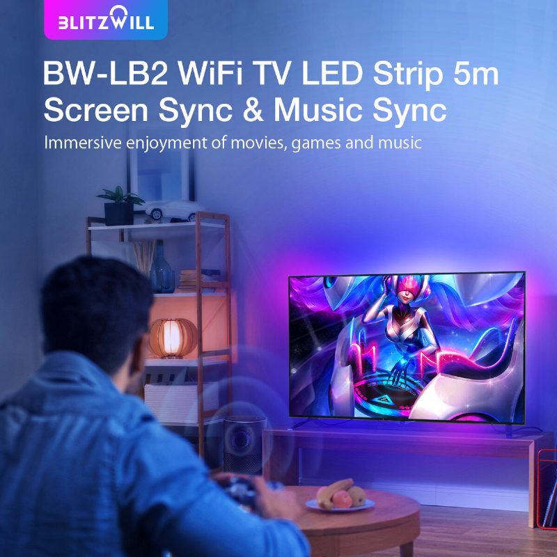 Blitzwill Bw-lb2 Wifi Tv Led Szalag 5 M Képernyő Szinkronizálás És Zene Szinkron Tv Fénysávval Ugyanazon A Képernyőn Bare Board Magic Color Vezérlődobozzal 2 Hdmi Kábel Smart Hangvezérlés Tápegység 12v/3a