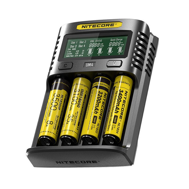 Nitecore Um2/um4 Lcd Kijelző 5v/2a Lítium Akkumulátor Töltő Usb Qc Smart Rapid Aa Aaa 18650 21700 26650